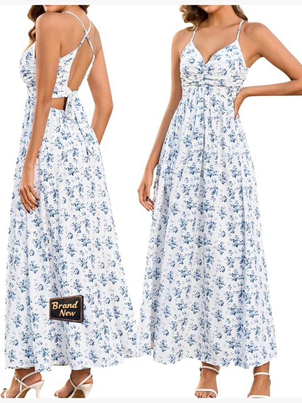 Boho Floral Maxi Dress Women's Summer Beach Wedding Guest Sleeveless Tie Back